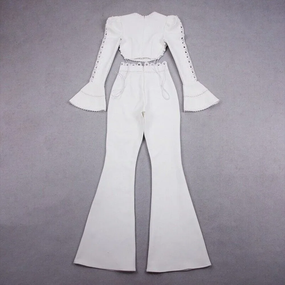 Women's Suit Matching Set 2 Pieces White Top + Flare Pants M - Picture 5 of 12